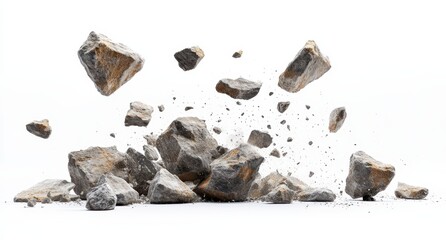 Falling Rocks, white background, no shadows, high-resolution, ultra-realistic photograp