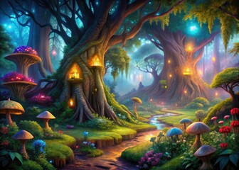 Obraz premium Magical trees cast shadows in a dark fantasy night forest, low light digital painting, fairytale background.