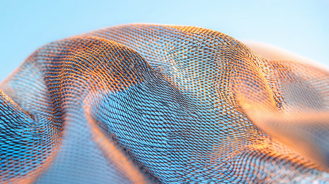 flowing, textured fabric illuminated by ambient backlighting creates glowing, silky effect against soft blue background