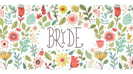 Delicate floral wedding banner design with hand lettered "Bride" text surrounded by whimsical pink and yellow flowers, perfect for bridal shower invitations and wedding stationery.
