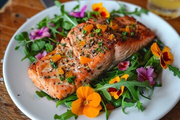 Grilled Salmon with Edible Flowers and Greens