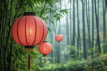 Red Lanterns Hanging in a Bamboo Forest