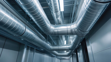 Obraz premium Metal air conditioning ducts in modern building create sleek, industrial look. shiny pipes reflect light, enhancing futuristic atmosphere