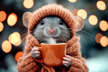 Hilarious animals. Zoo veterinary care. Happy cute baby animal rat in winter warm clothes, holding...