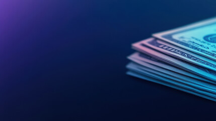 Stacks of blue toned banknotes with glowing edge create captivating visual
