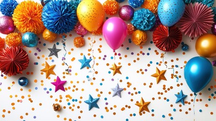 Festive arrangement of colorful balloons, pom-poms, and confetti on white background, creating a joyful and celebratory atmosphere, perfect for invitations or festive projects.