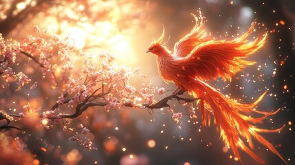 Fiery phoenix perched on cherry blossom branch, sunset background, fantasy art