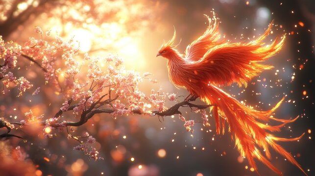 Fiery phoenix perched on cherry blossom branch, sunset background, fantasy art