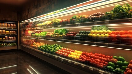 Illuminated Grocery Produce Aisle: Fresh Fruits and Vegetables