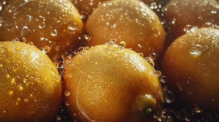 Fresh lemons washing, water droplets, dark background, food photography