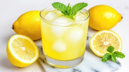 Refreshing lemonade drink with ice and mint, surrounded by lemons on a marble surface. Perfect for summer beverage ads