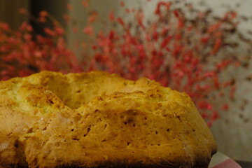 Homemade orange cake close-up. Practical cake recipe. Pastries. Healthy diet.
