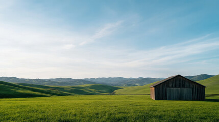 Obraz premium serene landscape featuring rustic wooden barn surrounded by lush green fields and rolling hills under clear blue sky