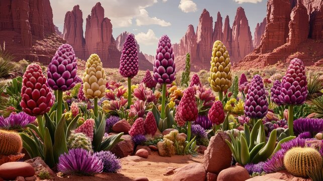 Vibrant desert flowers bloom amidst red rock formations.  Use  Website background, calendar
