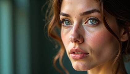 Fototapeta premium Close-up portrait of a thoughtful young woman with striking blue eyes.