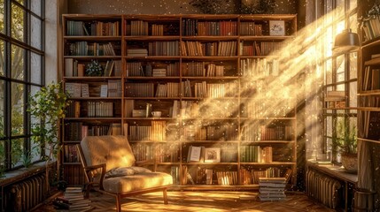 Sunlit library with armchair and bookshelves.