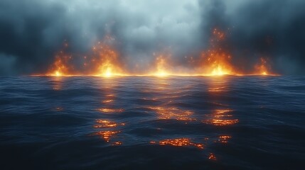 Fototapeta premium Fiery eruptions erupt from the dark ocean under a stormy sky