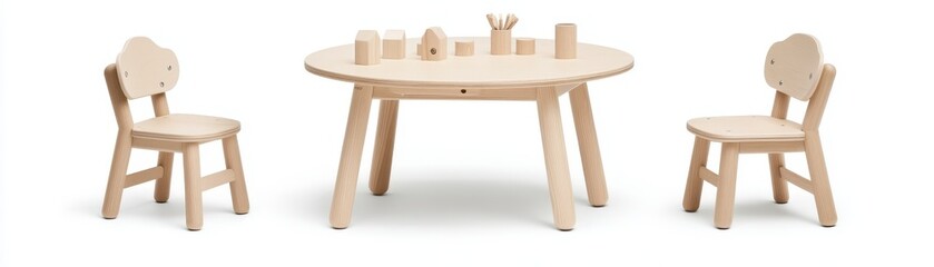 Wooden children's table and chairs set, white background