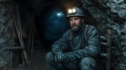 Fototapeta premium Miner Working in Dimly Lit Cave Underground Setting Portrait Focused Expression