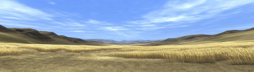 Golden field, blue sky, valley landscape, serene nature