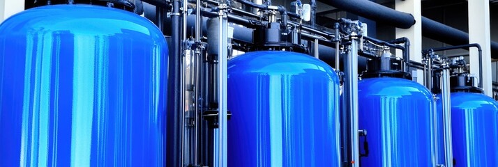 Industrial water filtration system; close-up of blue tanks; factory background