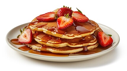 Pancakes with fresh strawberries and syrup
