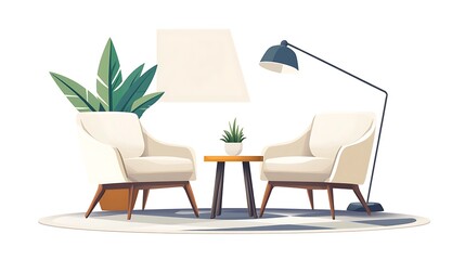 Modern Living Room Chairs Table Plant and Lamp