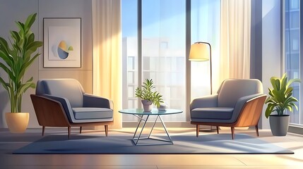 Modern Living Room with Two Armchairs and Sunlight