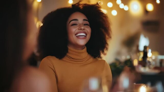 Joyful laughter in cozy bistro with friends under warm festive lights