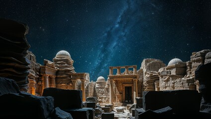 Ancient ruins illuminated under a starlit sky create a breathtaking historical ambiance at night