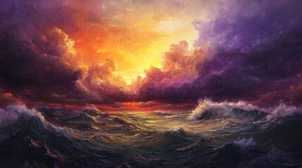Fototapeta premium Dramatic sunset over stormy ocean, vibrant colors, waves.