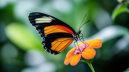 Fototapeta premium Close-up of a butterfly with striking orange, black and white wings resting on a bright orange flower