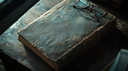 Obraz premium Antique book with glasses on wooden table. (1)