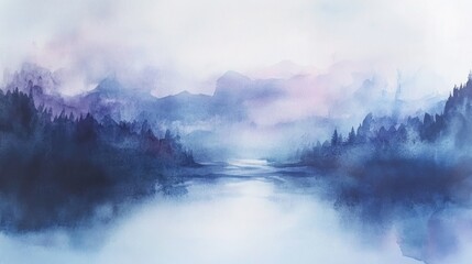 Fototapeta premium Misty mountain lake reflection, serene landscape, digital art, calming background, website banner
