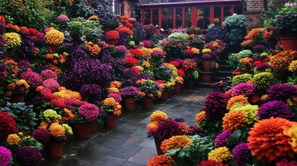 Colorful autumn flowers in garden courtyard