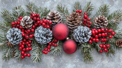 Festive Christmas Garland with Red Berries and Snowy Pine Cones