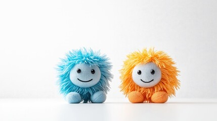 Two happy plush toys on white background; friendship concept; website banner