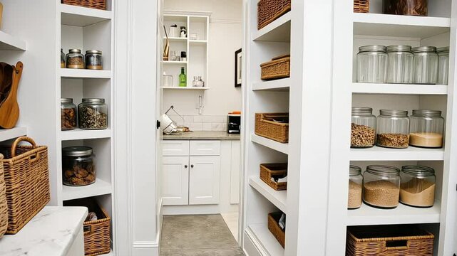 Organized food pantry closet in cozy cottage style home