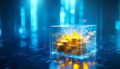 Gold coins and crown in glass cube, financial growth chart background.