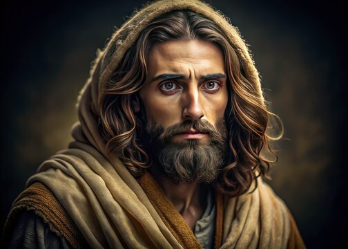 Religious art portraying John the Baptist, a biblical figure from ancient Israel, clad in coarse camel hair.
