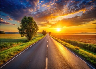 Golden Dawn Asphalt Road: Minimalist Summer Sunrise Photography
