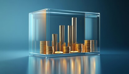 Gold coins forming bar graph inside glass cube.