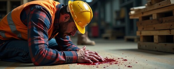 Construction worker injured on the job with visible blood, depicting workplace hazards.