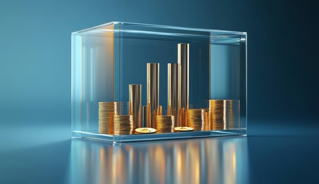 Gold coins forming bar graph inside glass cube.