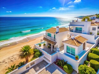 Fototapeta premium Stunning Coastal Home Views: White Houses, Sea, Oceanfront Property, Real Estate Photography
