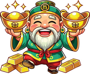 Illustration of The God of Wealth (Cai Shen) smiling and holding gold ingots
