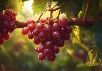 Fototapeta premium Sunlit red grapes hanging on vine.