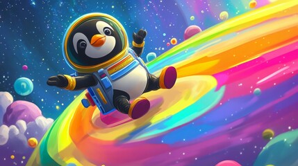 Adorable penguin astronaut floats through a vibrant, colorful cosmos.