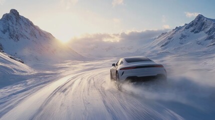 Fototapeta premium Car navigating a snow-covered mountain road under a bright sky during winter