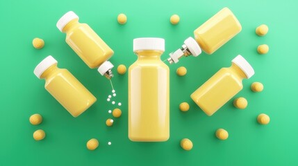 Yellow Condiment Bottles Arranged on Green Background
